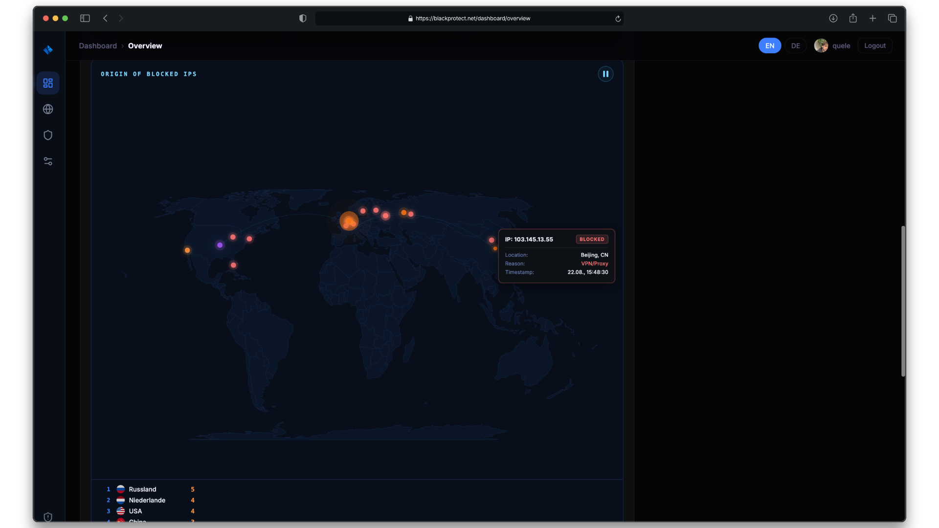 Real-time geo threat map with blocked attack sources